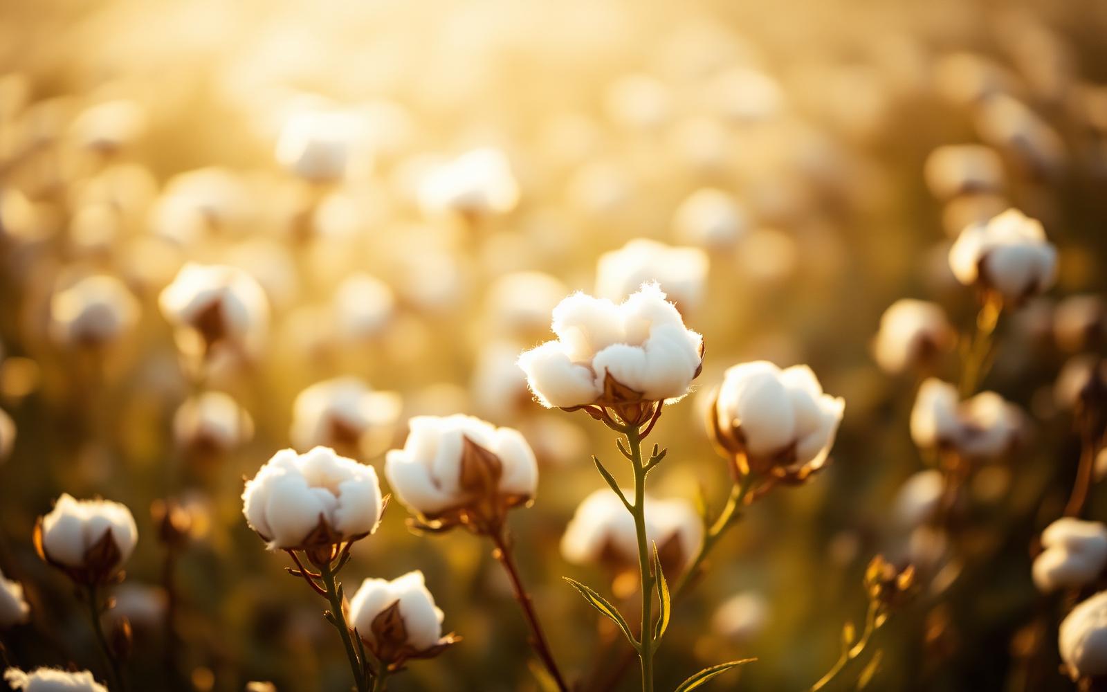 Natural cotton bolls in a sunlit field