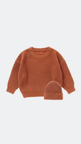 Brown Cotton Sweater & Hat Set