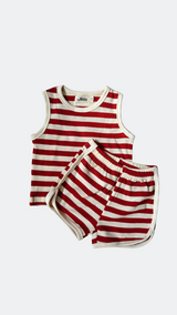 Ribbed Striped Tank & Shorts Set – Red & Cream